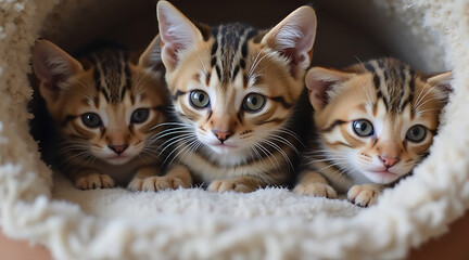 Three playful kittens resting together in a cozy hiding spot at home Generative AI