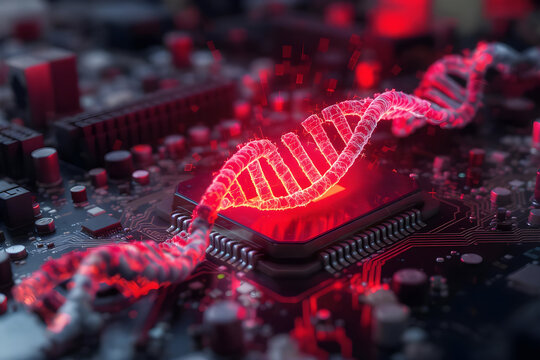 intricate, futuristic, digital, molecular, sci-fi, DNA, genetic, neon, glowing, vibrant, dynamic, abstract, 3D rendering, high detail