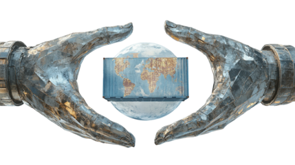 Conceptual image of global trade with container and hands embracing the world
