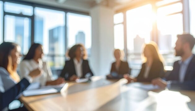 Business meeting in a sunlit high-rise office suggesting teamwork, innovation, and modern corporate culture in a bustling urban setting