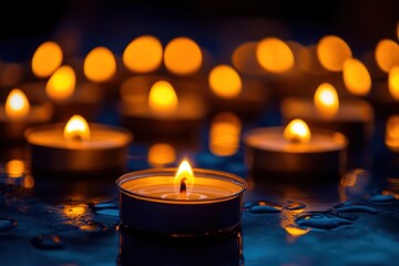 Peaceful scene of many tea candles with warm firelight