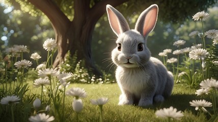 Adorable Bunny Playing on Sunny Lawn, Springtime Garden Joy