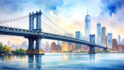 Naklejka premium A watercolor-style painting of a large suspension bridge and city skyline illustrating urban development and modern connectivity