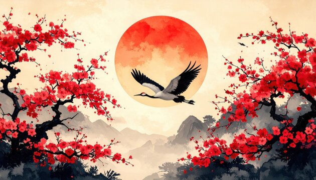 An artistic depiction of a crane flying across a red sun and cherry blossoms representing Asian symbolism and traditional elegance
