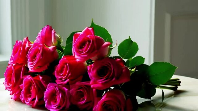 A beautifully arranged bouquet of roses, softly lit on a marble surface.
