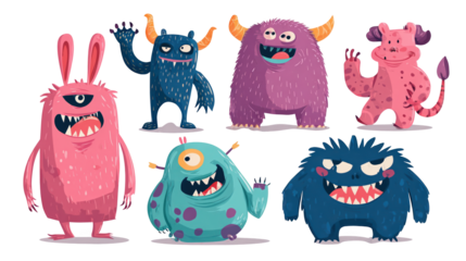 Six colorful, friendly cartoon monsters waving and smiling with various shapes, sizes, and expressions on a transparent background, ideal for children's illustrations or fantasy projects