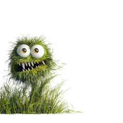 Adorable Green Grass Monster with Big Eyes and Sharp Teeth against Black Background