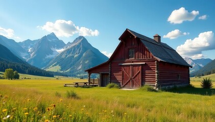 Obraz premium Rustic Montana barn, Mission Mountains backdrop, Mission Mountains, spring, agriculture