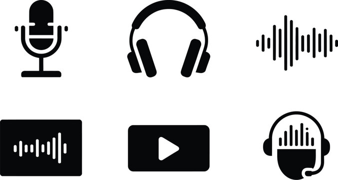 A collection of black and white icons related to audio and video production and communication tools