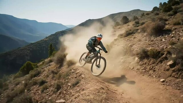 Mountain biker speeding downhill on a dusty trail, kicking up a plume of dirt; action shot.