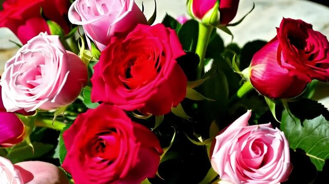 A beautifully arranged bouquet of roses, softly lit on a marble surface.

