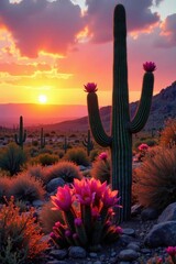 Saguaro cactus flowers at sunset, incredible desert view , scenic, horizontal