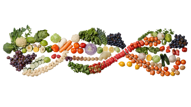 DNA helix made from fruits and vegetables on a black background illustrating healthy eating