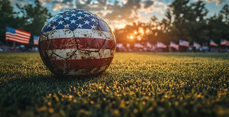 American Flag Soccer Ball on Grass with Flags at Sunset - Patriotic Sports