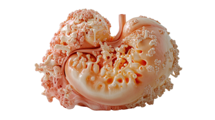 Gastric cancer model showing tumors and disease, medical visualization on black background