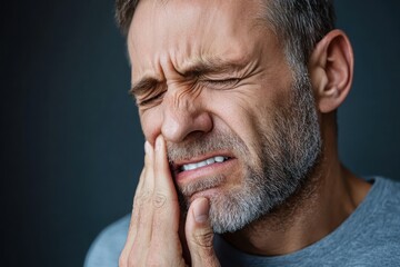 Naklejka premium Man suffering from severe toothache, holding cheek in pain