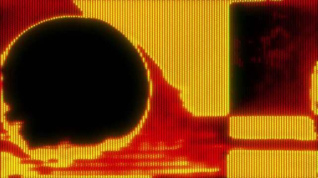 4K Abstract CRT glitch with fiery orange and red distortion, black circle shape and analog scanlines, digital interference for motion graphics overlay, screen mode, retro cyberpunk visual aesthetic