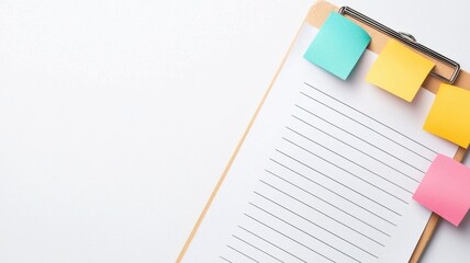 project management budget efficiency concept. Clipboard with a notepad and colorful sticky notes on a white background.