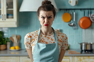 Angry housewife in kitchen with apron