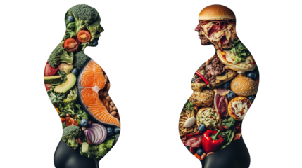 Conceptual image contrasting healthy and unhealthy food choices for weight management