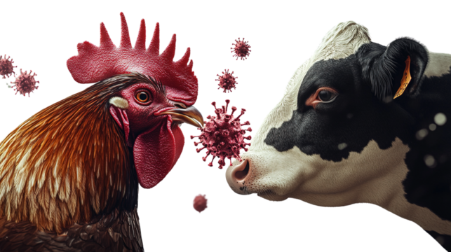 Conceptual image of a chicken and a cow facing each other with virus particles around them