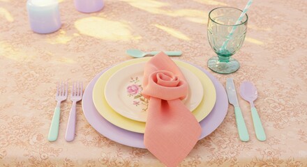 Pastel Place Setting with Rose Napkin and Floral Plates