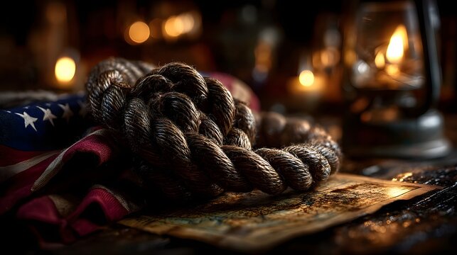 Rolled American flag tied with rope in rustic lantern-lit setting