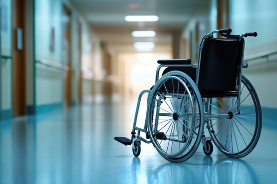 Wheelchair in bright hospital corridor with bokeh
