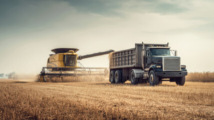 Obraz premium Combine harvester and truck working together to load grain in a sunlit field during harvest season