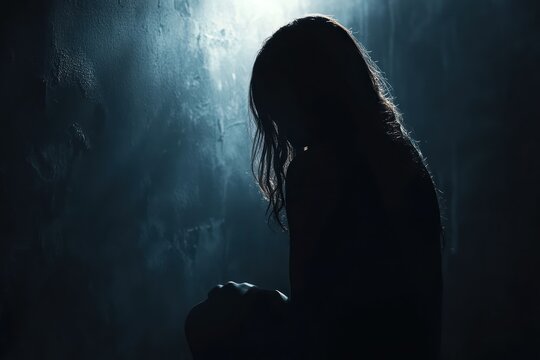 Mysterious female silhouette emerging from darkness