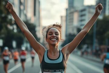 Woman crossing marathon finish line in victory