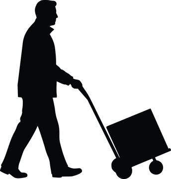 Silhouette of a person pulling a dolly walking left symbolizing labor and transportation 