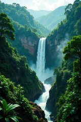Vast rainforest panorama, cascading waterfall , wonder, panoramic