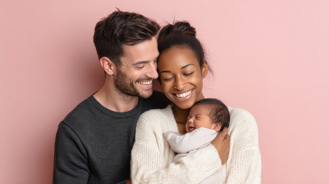 Mixed couple enjoys a joyful moment with their newborn baby girl against a soft pastel background
