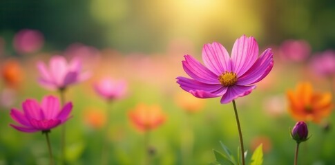 Vibrant cosmos flowers bloom in a spring meadow , white, pretty, spring
