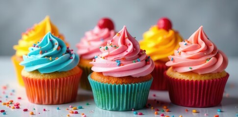 Vibrant cupcakes, swirls of frosting, rainbow sprinkles , sweet, dessert