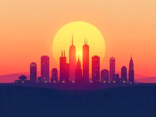 City Skyline at Sunset with Vibrant Orange and Red Tones &ndash; Urban Silhouette Background