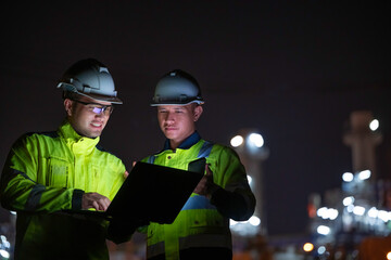 Industrial engineer night inspection at refinery or petrochemical plant walkie-talkie hand and digital tablet intersection of technology, worker work at night at power plant