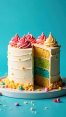 Vibrant layered cake, frosting swirls, blue backdrop, party, delicious, celebration