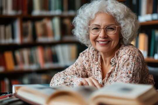 Smiling senior woman studying in library setting - Powered by Adobe