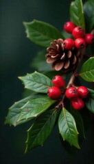 Vibrant red holly berries & brown pine cone cluster , decoration, graphic