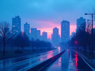 City skyline illuminated by moody twilight after rain on a quiet road