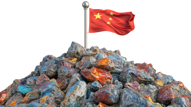 Symbolizing china's resources a chinese flag stands on a pile of ore symbolizing their mineral wealth