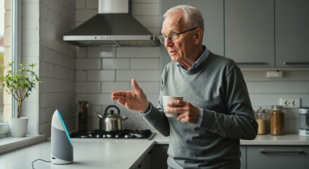 Elderly man in a modern kitchen speaking to a smart speaker, holding a cup of coffee concept of lifelong learning and digital skills  digital literacy seniors active aging and digital  inclusion