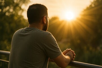 Contemplative man sunset view