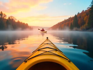 Paddling through calm waters during a serene autumn sunrise