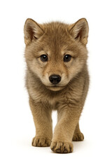 Fototapeta premium A young wolf cub with a fluffy brown coat and bright eyes. The cub is standing and looking directly at the camera, showcasing its playful demeanor.