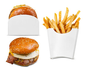 Two burgers and a portion of French fries in white paper packaging, isolated on a transparent background for fast food or menu design purposes

