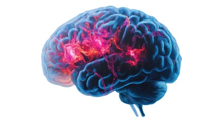 Stylized human brain with highlighted activity zones against a dark background