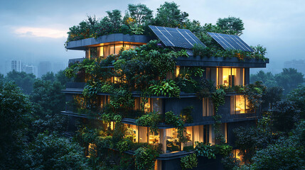 Lush Urban Building Surrounded by Nature with Solar Panels and Lights